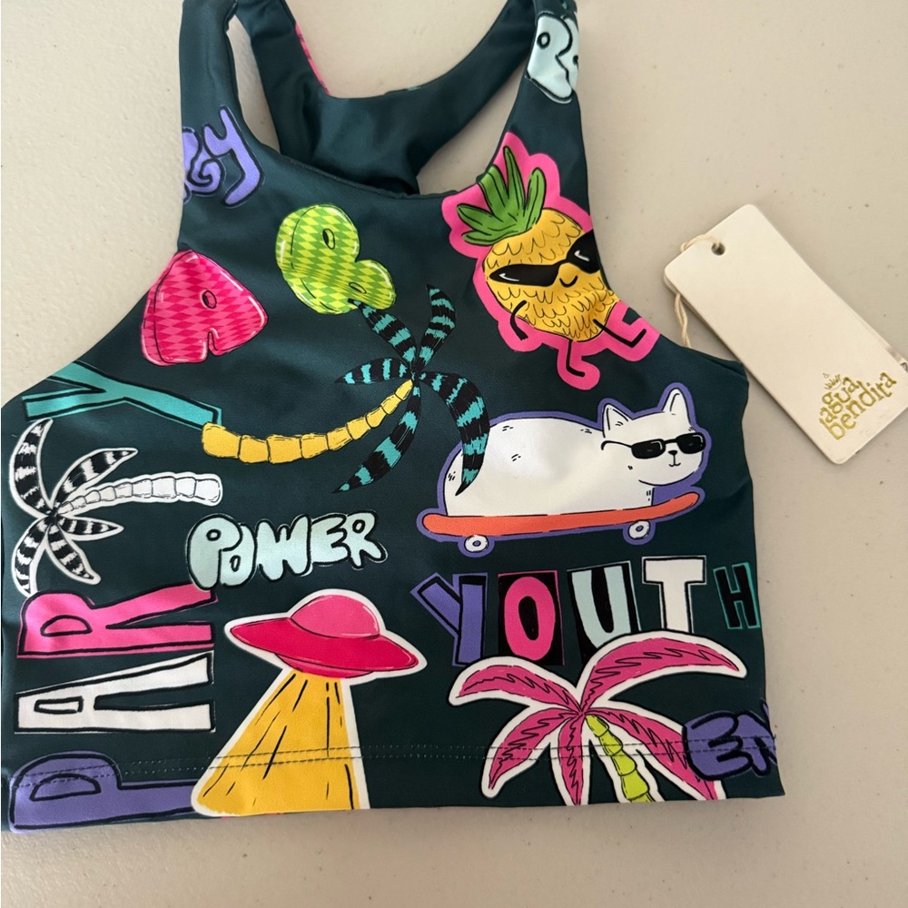 Agua Bendita Teal Swim Top with Pink and Yellow Print